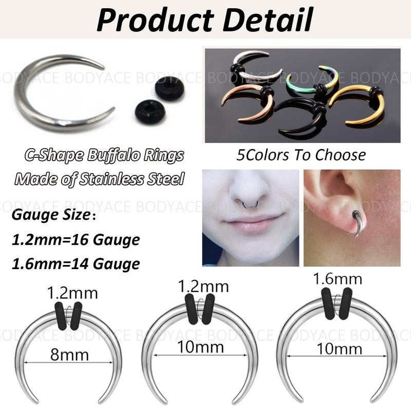 BodyAce C Shape Septum Pincher Tapers, 14G 16G Buffalo Ear Taper Kit Stretching Expanded Nose Rings, Horseshoes Black Gold Septum Rings with O-Rings - Image 2